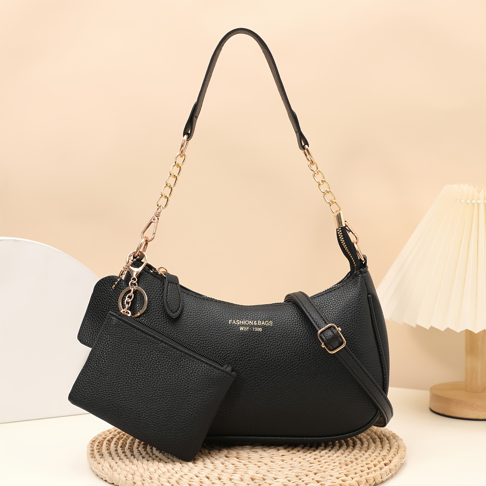 TEMU 2pcs Set Fashionable High-quality Chain Underarm Bag, 2026 Summer Single-shoulder Bag, Niche Commuter Lychee Texture Women'