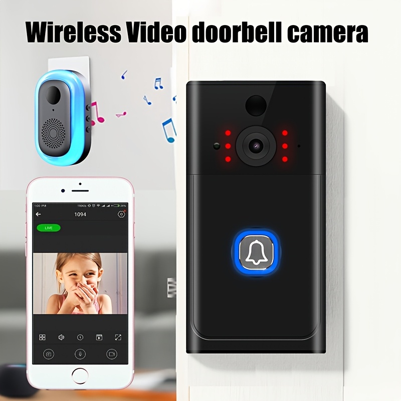 Timbre de puerta inalámbrico, audio bidireccional, video HD, cámara de timbre inalámbrico, cámara Wi-Fi con visión nocturna, alerta en tiempo real, alimentado por batería, timbre inteligente con campana, timbre de seguridad inteligente para el hogar, almacenamiento local y en la nube, fácil instalación.