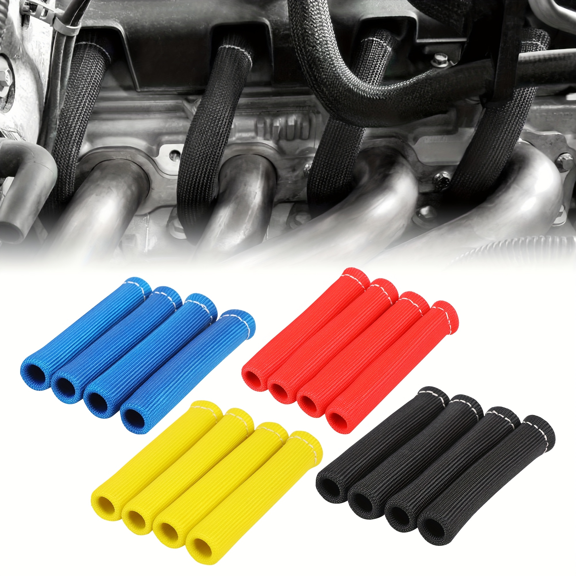 2500° 6 Spark Plug Wire Boots Protector Black Sleeve Heat Shield Cover 8pcs Set