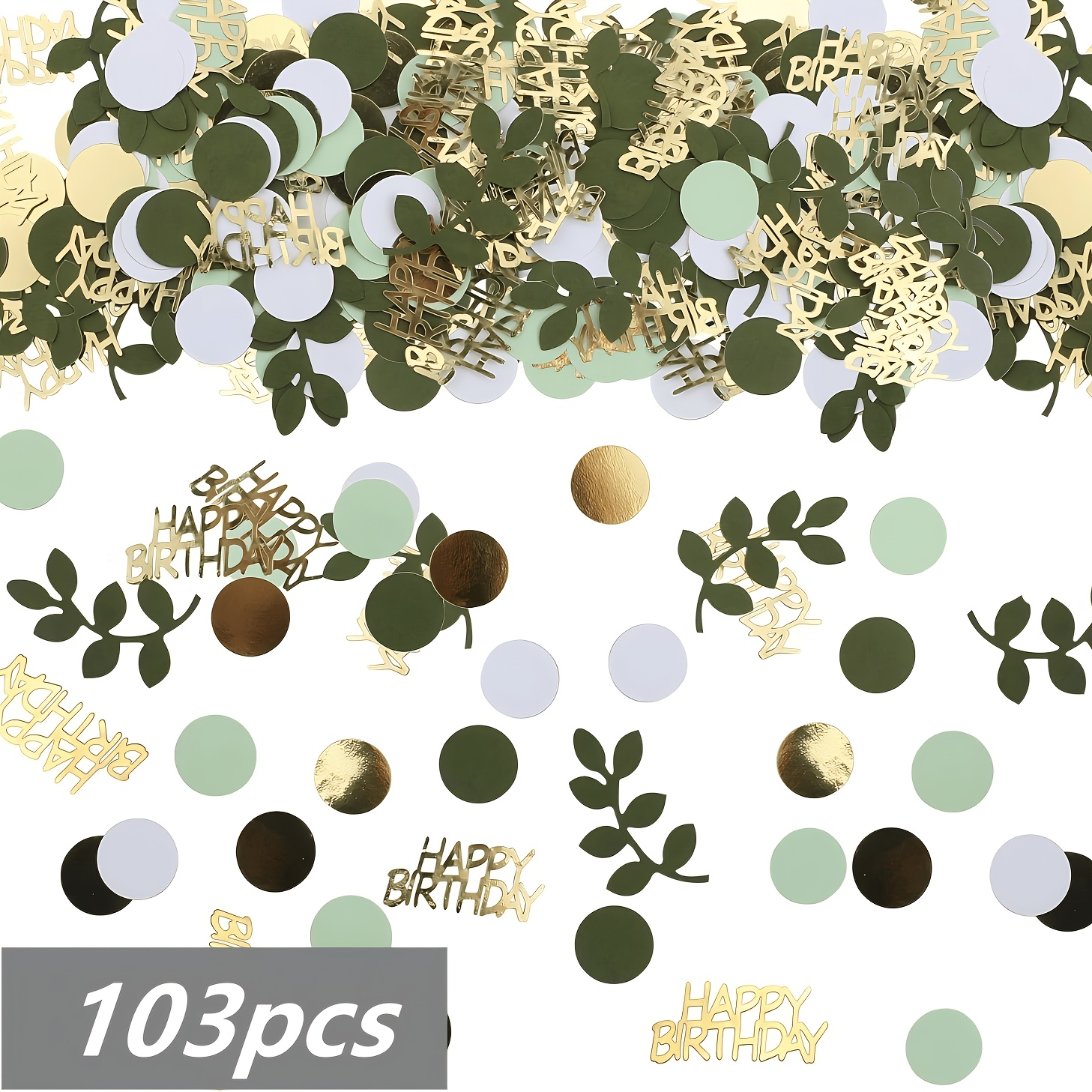 Image of 103pcs Green Leaf Round Happy Birthday Confetti, Birthday Party Table Decoration Props Confetti, Party Photo Props, Atmosphere Confetti