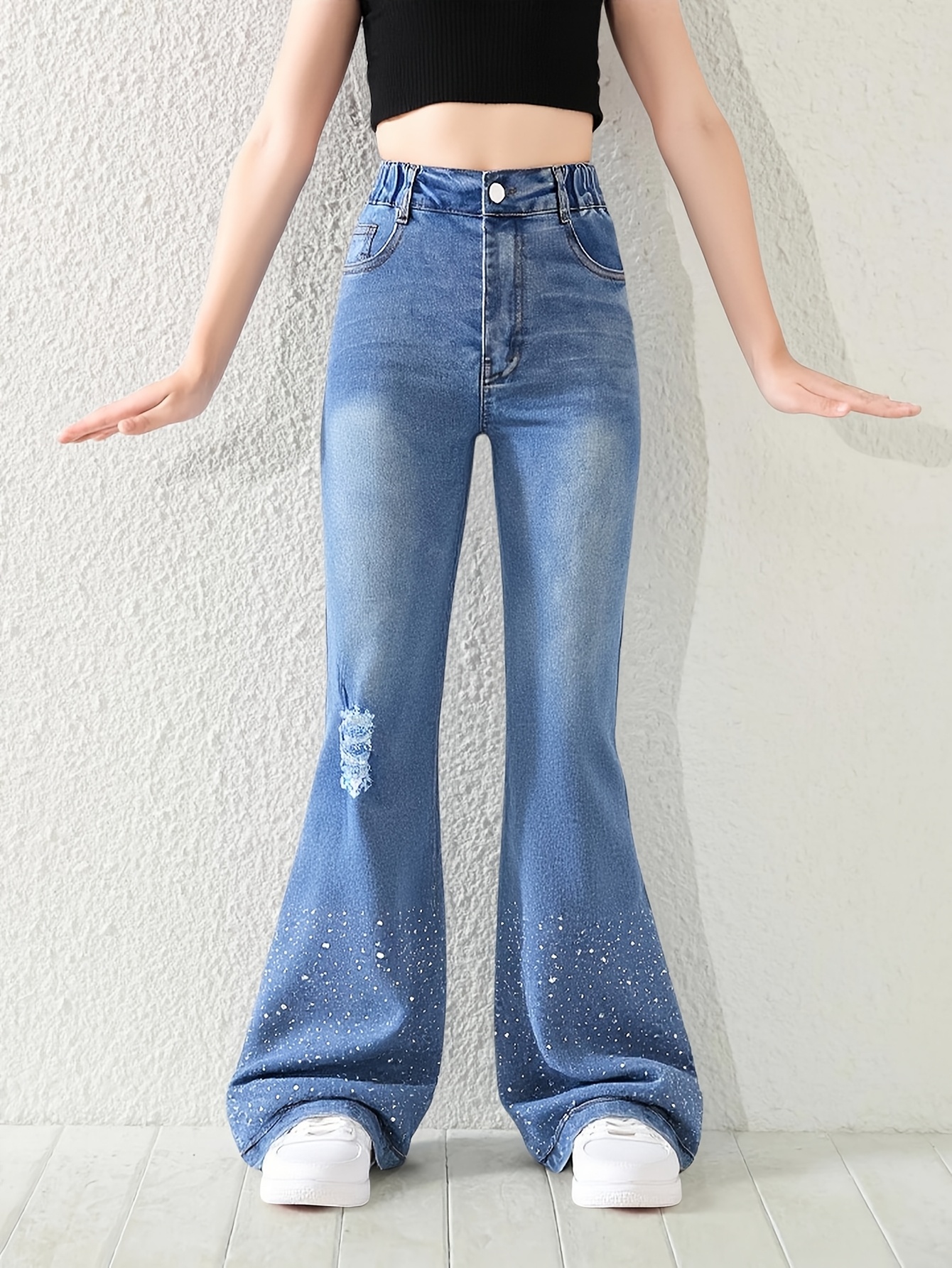 Girls' Washed Blue Denim Jeans, Flared Jeans with Distressed Design, Leg-Shaping, Elastic Adjustable Waistband, Comfortable Fabric, Classic Style, Fashionable And Versatile for Girls, Suitable for Casual Wear, Street Style Long Pants