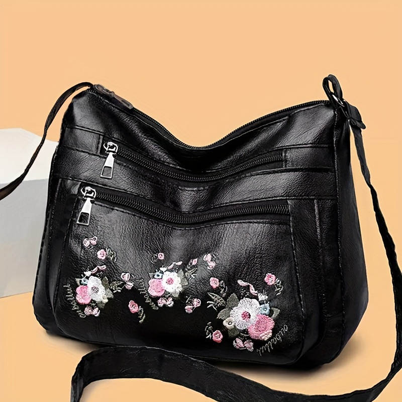 

Fashion Shoulder Bag, Stylish Embroidered Crossbody Bag With Adjustable Strap, Zipper Closure, And Polyester Lining