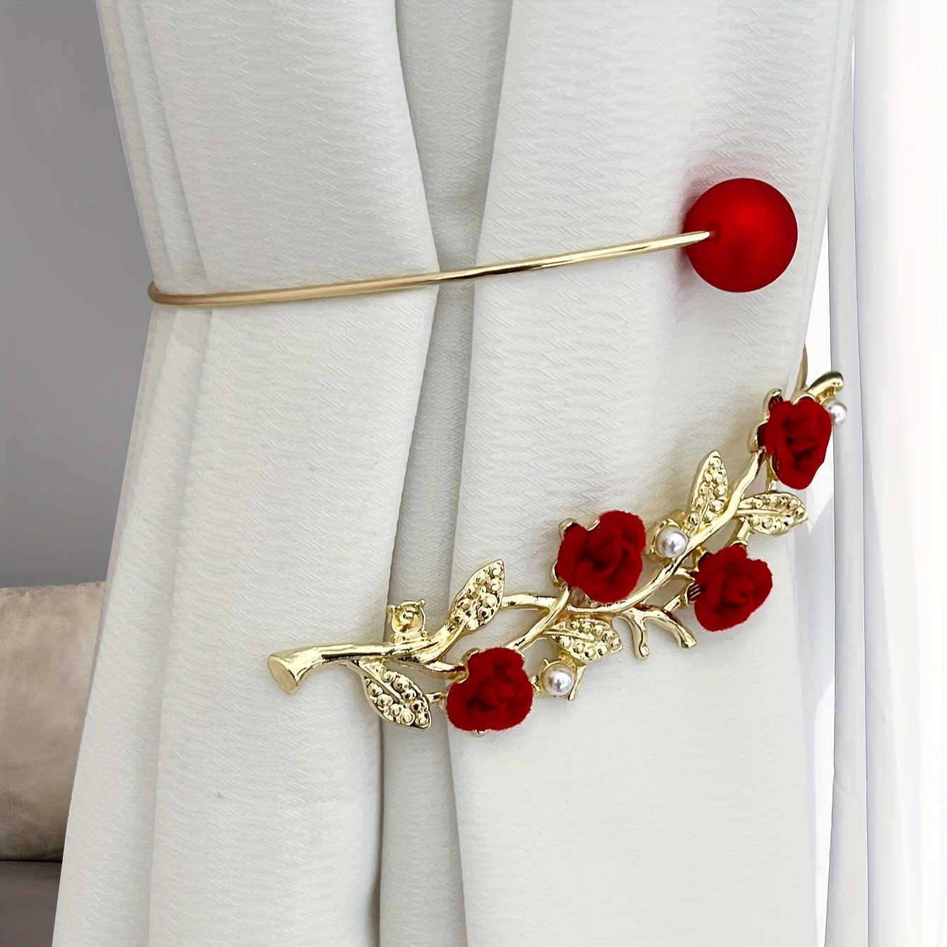 TEMU 1pc Floral Alloy Curtain Clip In Of Leaves And Branches, Pearl Curtain Holder, Curtain Organizer, No-drill Window Decoration