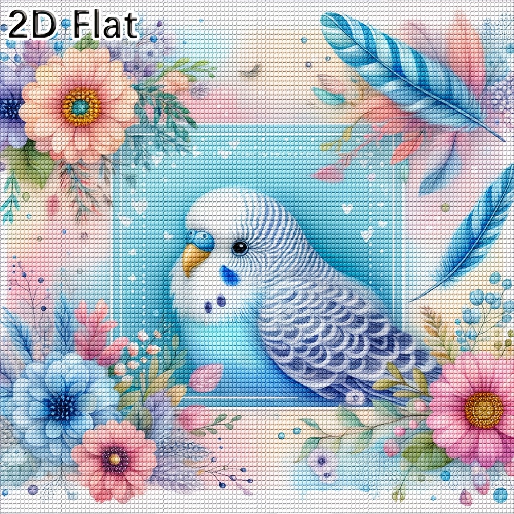 TEMU 1pc Diamond Painting Cute Blue Budgie Parrot With Beautiful Colorful Flowers And Feathers Elegant Art Pattern For Indoor Wall Decoration