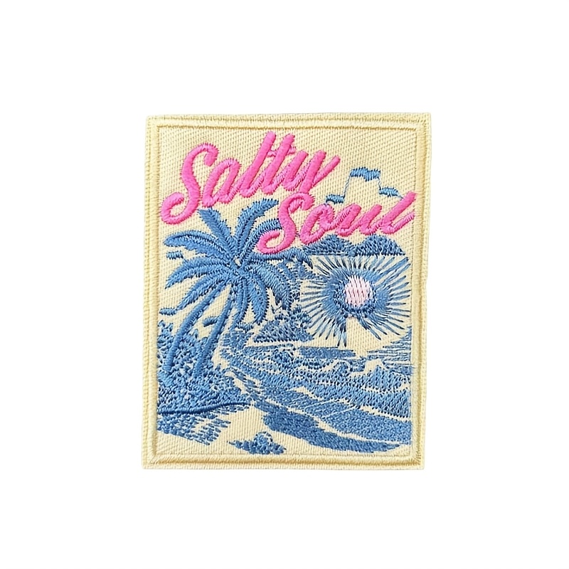 1pc Beach Scenery Embroidered Fabric Patch, Suitable For Ironing And Sewing Patch Decoration, Applicable To Diy Clothes, Backpacks, Hats, Pants, Jackets, Denim Decoration