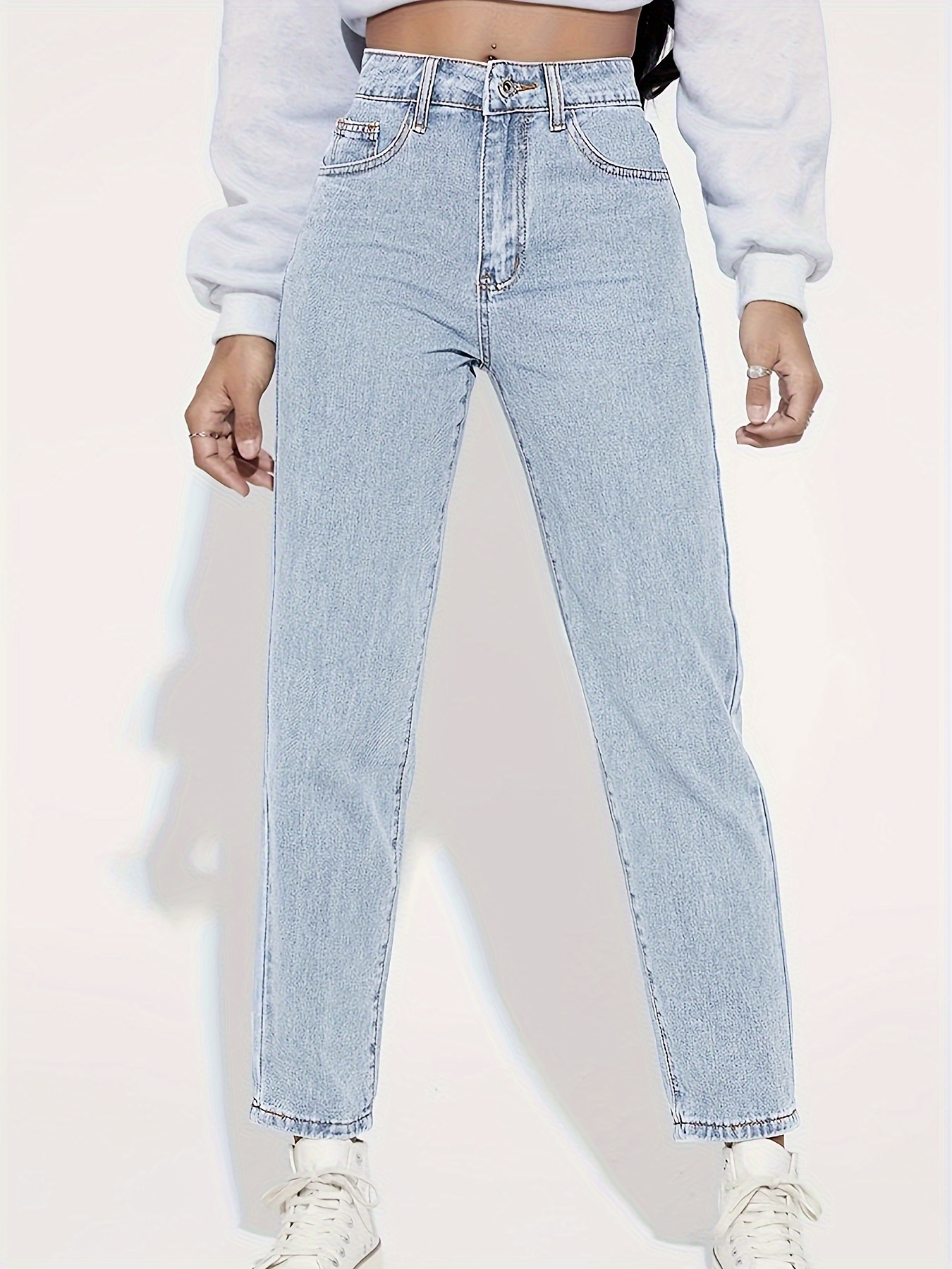 High Light Wash Blue Mom Jeans Zipper Button Closure - Temu Bahrain