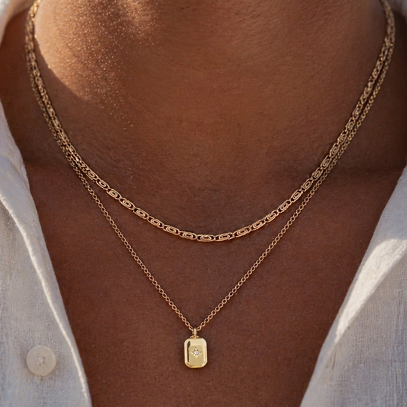 TEMU 2pcs Fashionable Minimalist Geometric Pendant Necklace Set, Paperclip Chain Necklace, Suitable For Daily Commuting Wear, Accessory, Ideal Gift