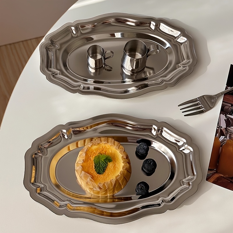 TEMU Set Vassoi da Portata Ovali in Acciaio Inossidabile 304 Stile Vintage Multifunzionali per Dolci, Torte, Frutta, Snack, da Esposizione per Caff癡,