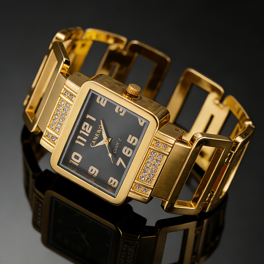 TEMU Trendy Golden Rectangular Quartz Watch For Women, Featuring A Luxurious Bracelet Design