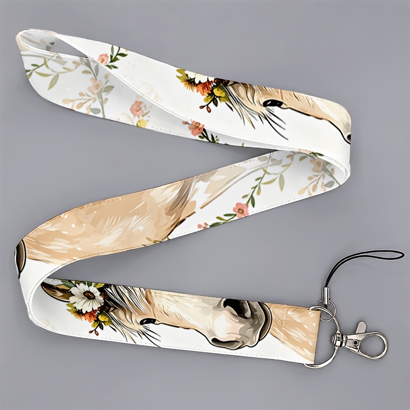 TEMU 2D Platte Veelzijdige Lanyard met Bloemige Paardenprint voor Studenten en Kantoormedewerkers, Geschikt voor ID-kaarten en Telefoons