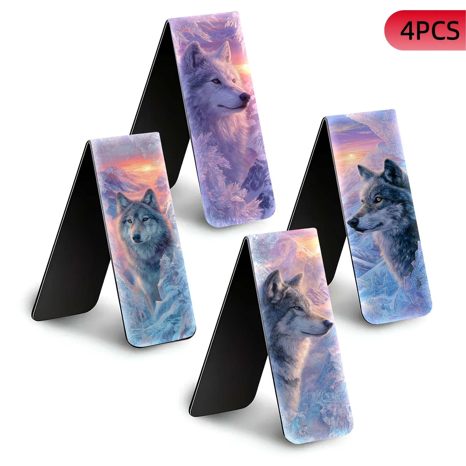 TEMU 4pcs Magnetic Bookmarks | Foldable Page Markers | Magnetic Book Clips For Books, Journals, Planners | Snow Fantasy Wolf | Reading Additions |