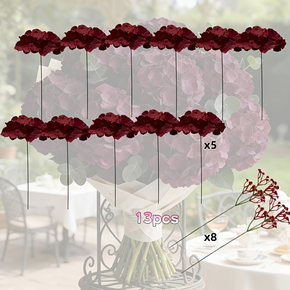 TEMU Juego de 13 piezas de hortensias artificiales de de lujo en vino + gypsophila , adecuadas para de , decoración del hogar/fiestas, Día de la , ,