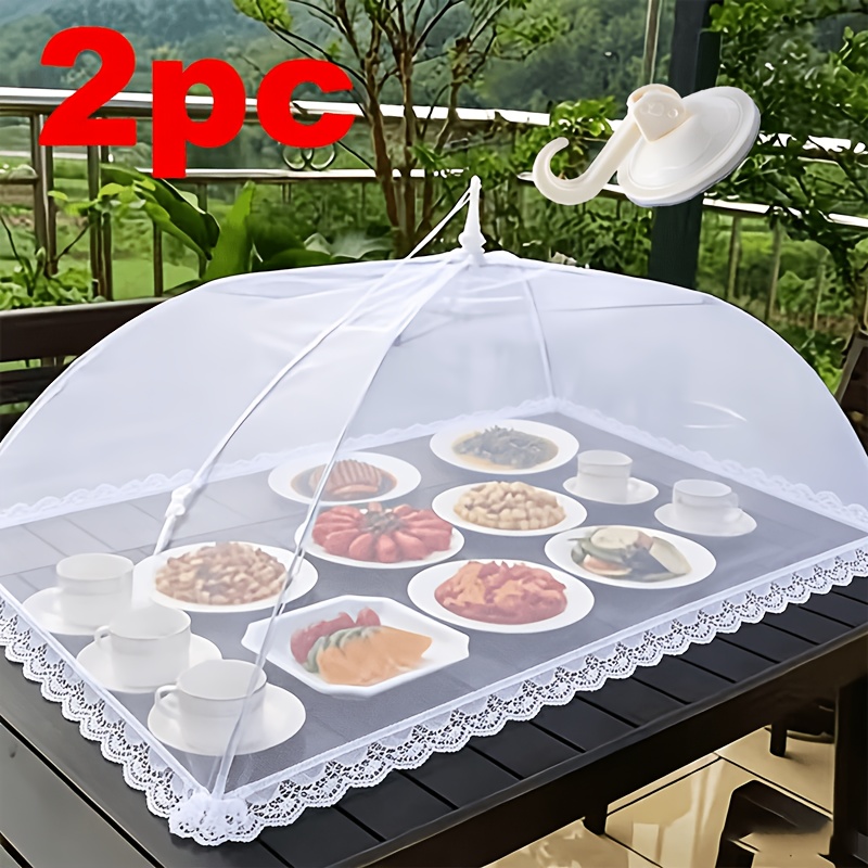 TEMU 2pcs Set, White Pop-up Umbrella-shaped Food Dust Cover And Strong Hook, Foldable Tent- Table Cover, Outdoor Bbq Picnic Insect-proof Tablecloth