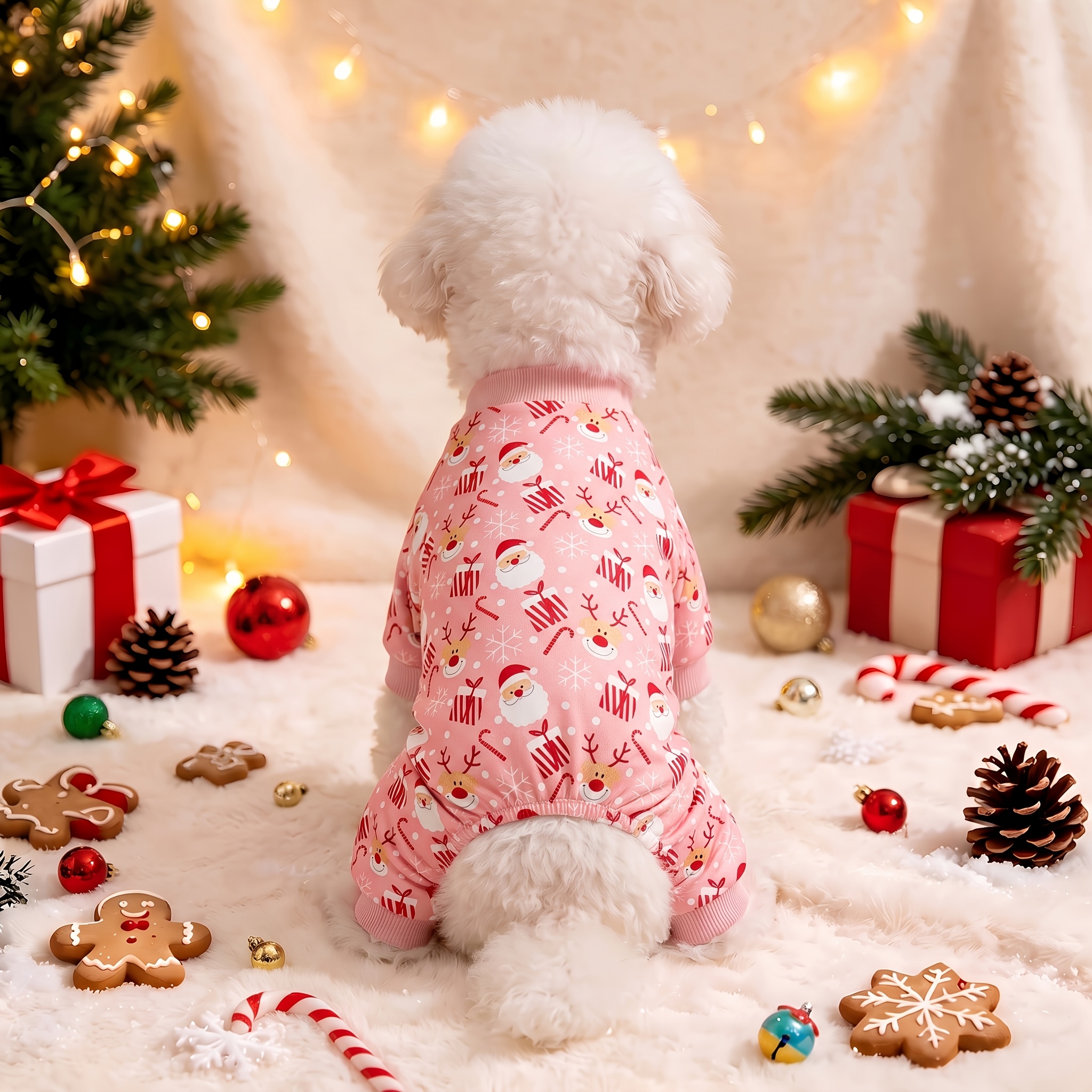 Pet Dog Jumpsuit, Pink Full Print Santa Claus Elk Suit, Elastic Soft Clothes for Small/Medium Dogs and Cats