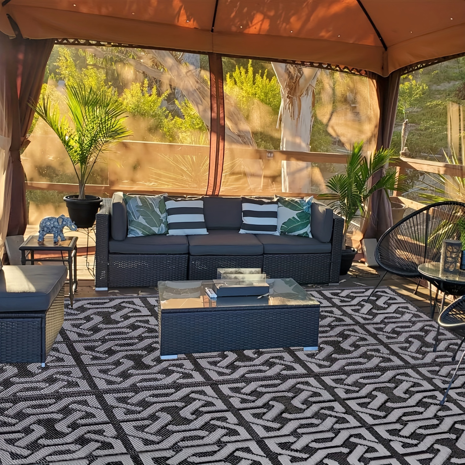 Tappeto Da Esterno Con Strisce Luminose A LED Per Decorazione Patio, 2,7 X 3,7 M, Impermeabile, Grande Tappeto Di Paglia Di Plastica, Per Interni Ed Esterni, Reversibile, Per Patio, Camper, Campeggio - Foto 3