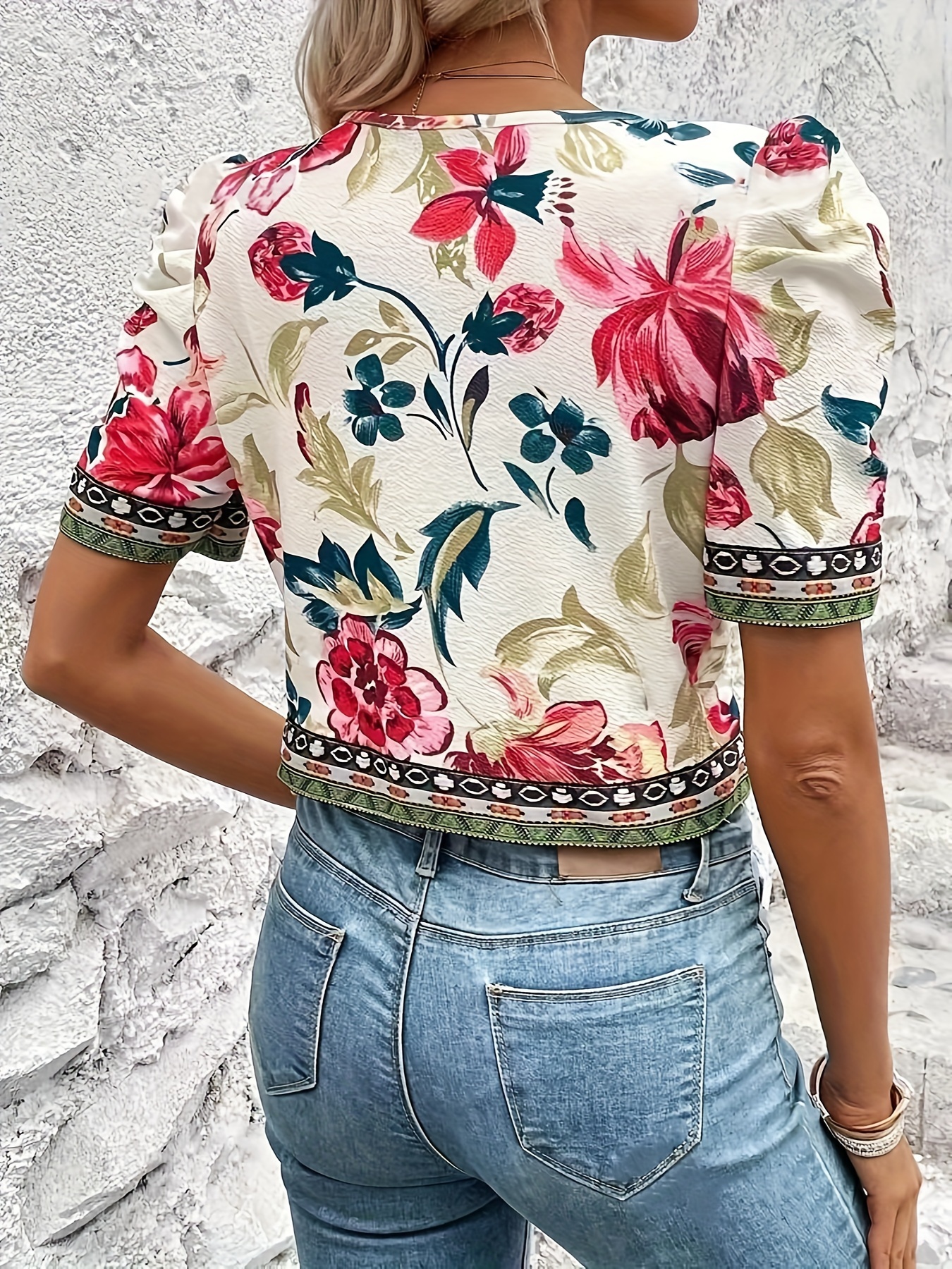 Floral Print Open Front Jacket, Elegant Puff Sleeve Cropped Jacket For Spring & Summer, Women s Clothing 1