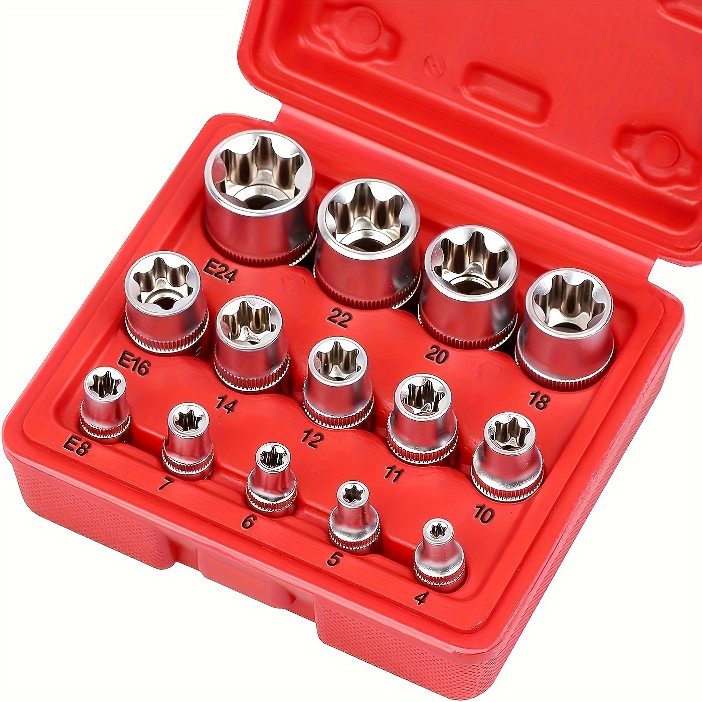 

14-piece Torx Star Bit Socket Set, E4-e24, Cr-, 1/4" 3/8" 1/2" Drive, Auto Repair Tool Kit For Mechanics - Steel Construction