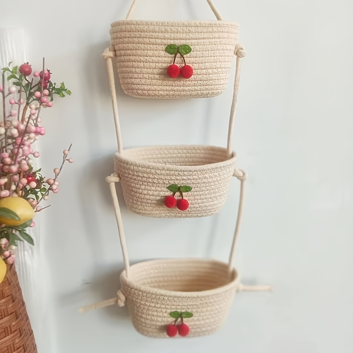 TEMU 1pc 3-tier Hanging Storage Baskets, Country-style 3-container Storage Baskets, Hand-woven Storage Baskets, Wall-mounted Decorative Storage