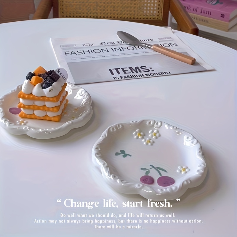2pcs set of ceramic relief patterned plates fresh and cute bone spitting plates ceramic household new high end dining table garbage tray desktop exquisite small plate dessert plate   dining plate sushi plate coffee cup plate tea plate Product details 4