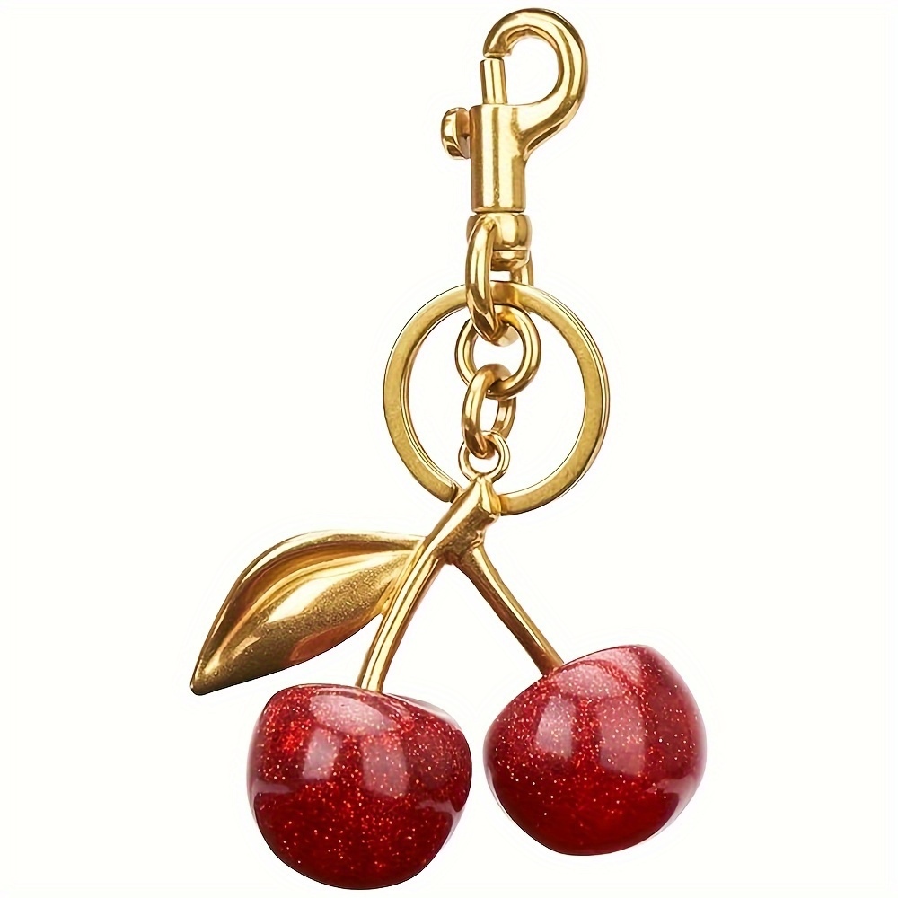 

Charming Cherry Keychain: Sparkling Resin Cherries With Golden Leaf And Metal Clasp, Perfect For Valentine's Day Or Any Occasion - Suitable For Bags And Purses