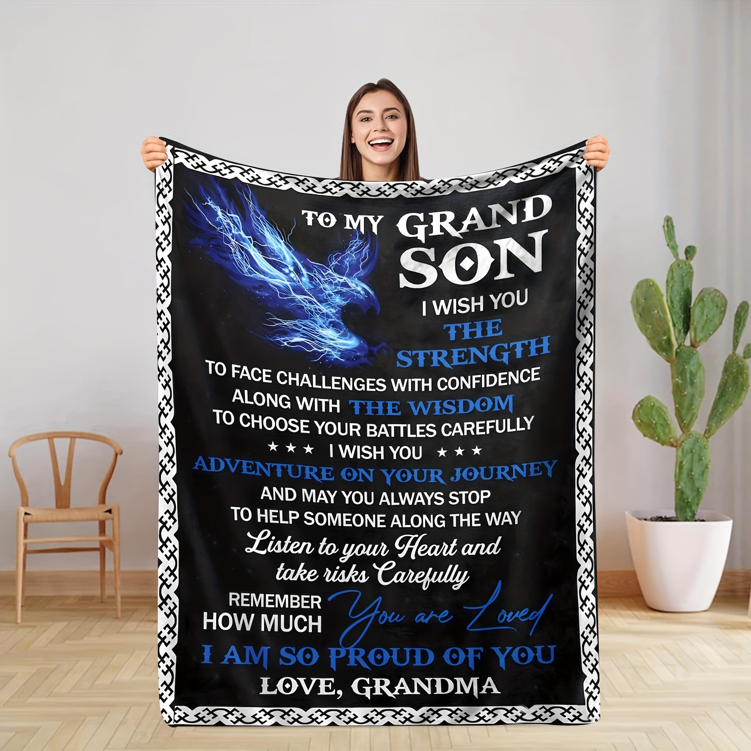 

1pc Soft Fleece Blanket With Inspirational Eagle Design, Cozy Plush Throw Blanket For Grandson, Rustic Style, Warm Gift From Grandma