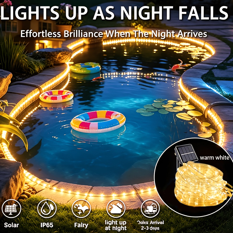 TEMU Solar Rope Lights Outdoor Waterproof 39.3 Ft 100 Led, Ip65 Waterproof Pvc Tube, 8 Lighting Solar String Lights For Patio Garden Yard, Backyard