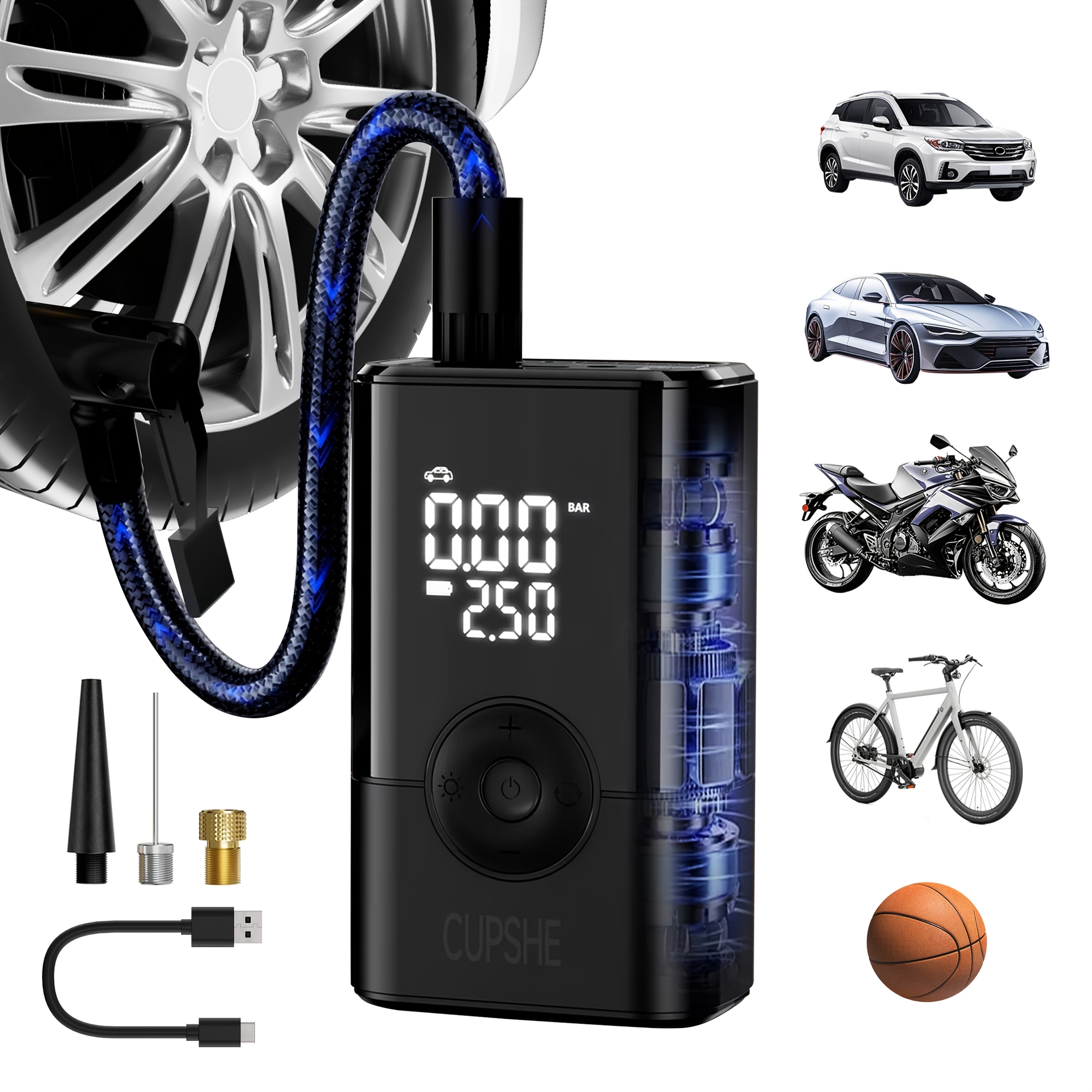 TEMU Portable Air Pump For Car Tires, Ideal For Inflating For Bicycle Tires, Motorcycle Tires, And Different Kinds Of Balls. This Compact Tire