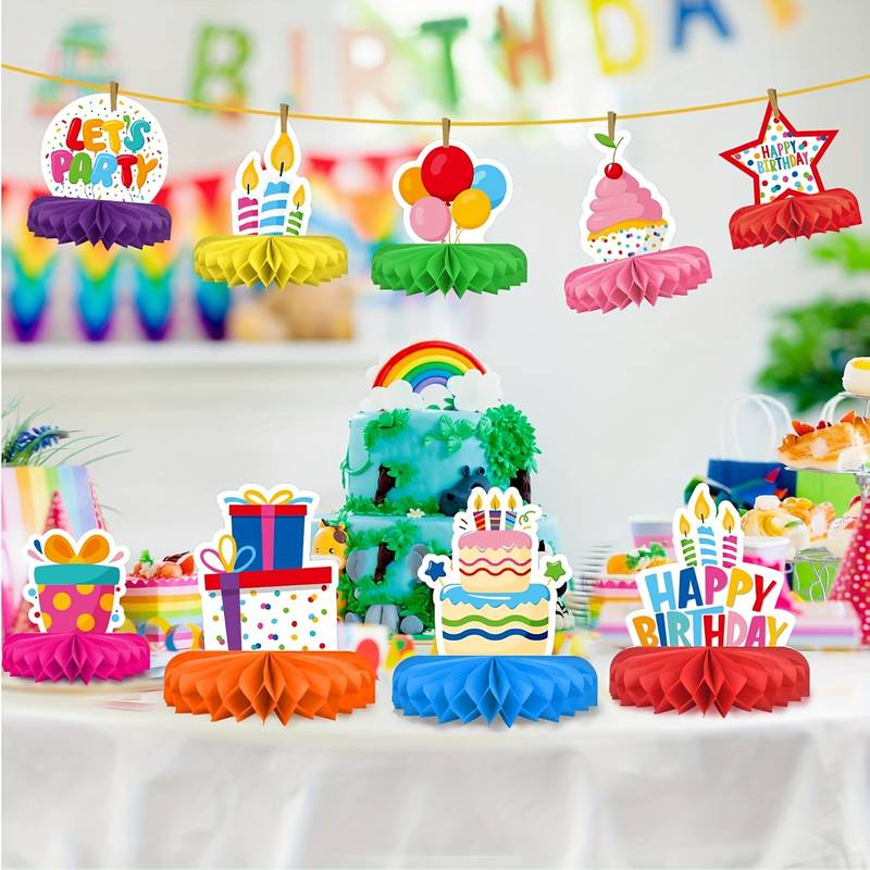 9PCS Birthday Party Decorations - Colorful Honeycomb Centerpieces For Table Decor