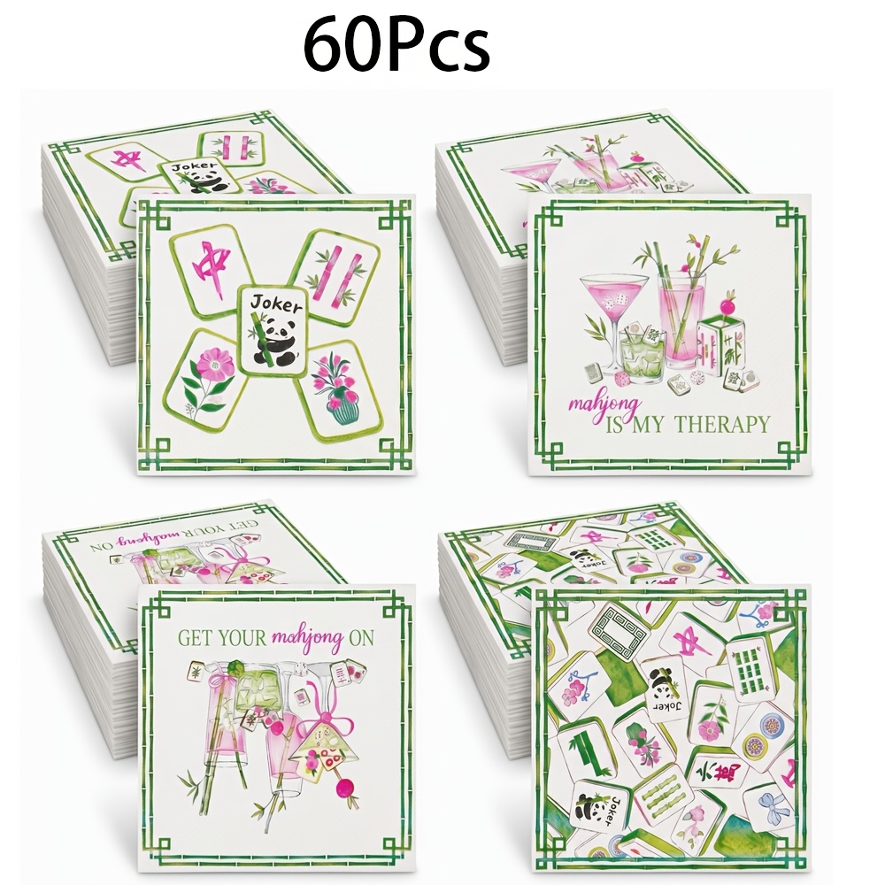 TEMU 60 serviettes de papier Mahjong Cocktail, 33 cm (13 pouces) avec motif Panda Mahjong à quatre côtés, bordure verte, serviettes jetables carrées,