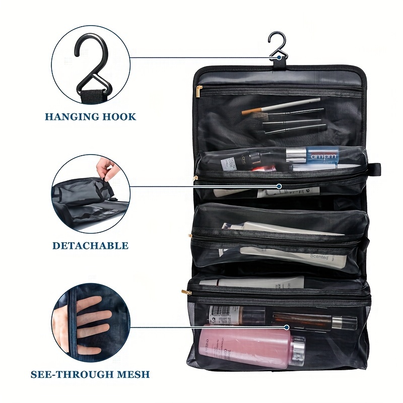 *etry Bag Can Hanging Small Roll-Up Makeup Organizer Bag With Detachable  Transparent Mesh Folding Cosmetic Travel Bags For Women Men Black