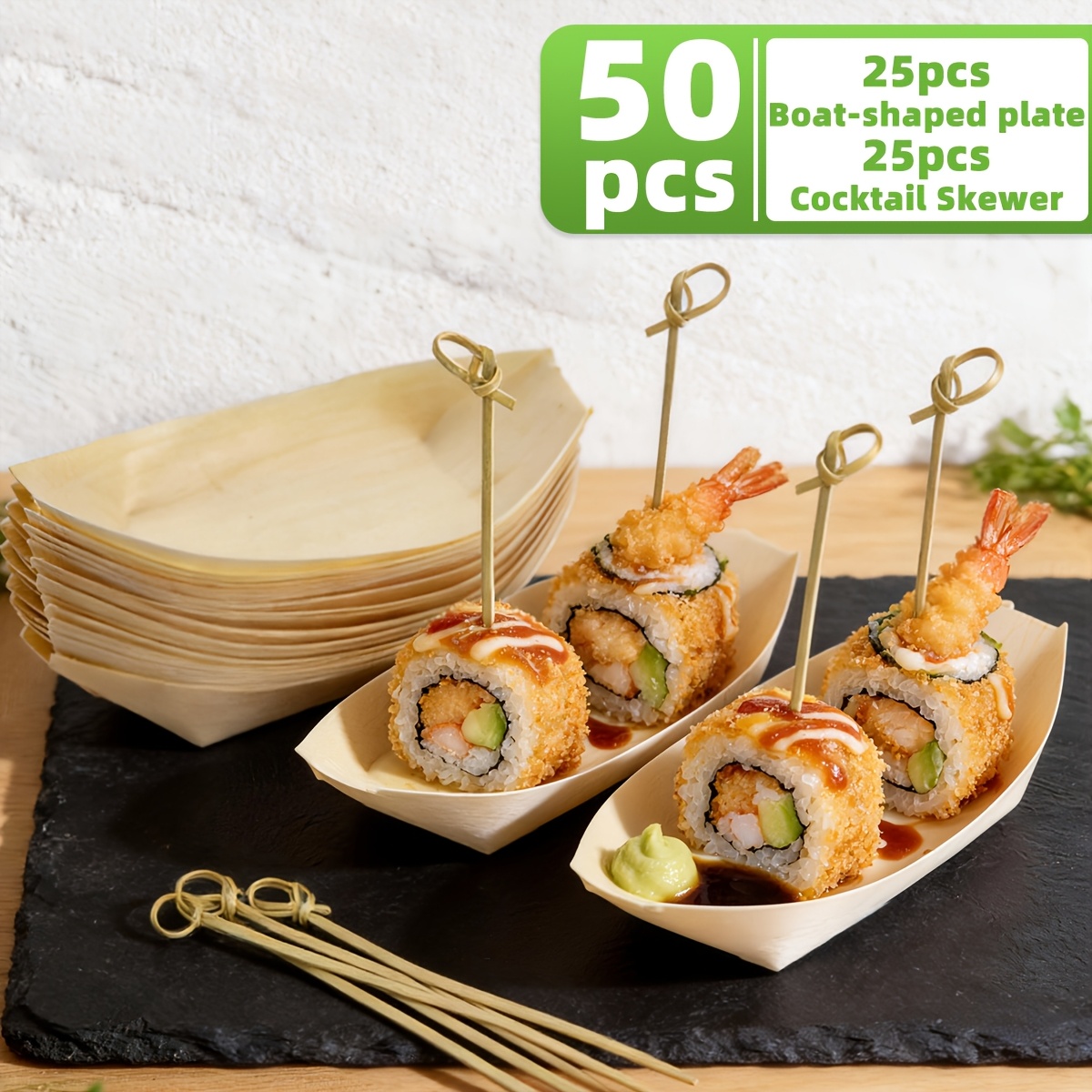 Image of Disposable Wooden Service Boats | 6.69-inch Party Plates For Appetizers, Sushi, Desserts, Self-service, Outdoor Garden, Birthday, Wedding Party Food Containers - Dookebws
