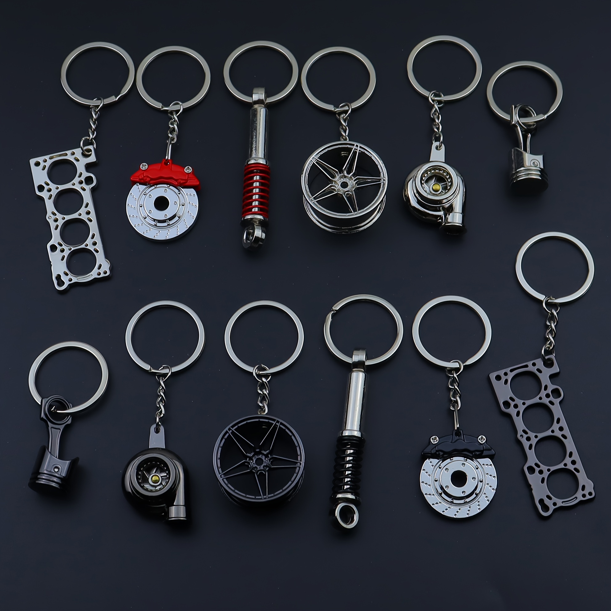 

6pcs Car Modification-inspired Keychain Set, Zinc Alloy, Fashionable Auto Parts Keyrings With Piston, Turbo, Rim, , Brake Disc, Engine Gasket Designs, Automotive Key Chains, Gift Keychains