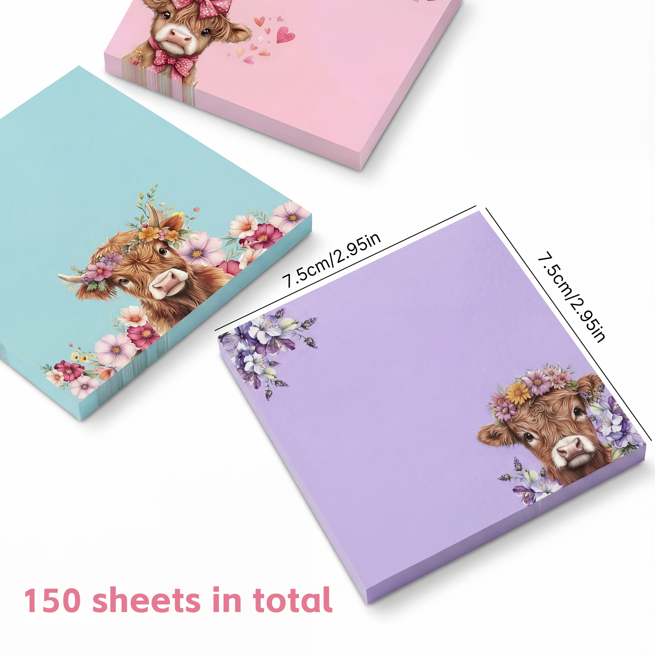 E-shop Highland Kuh Haftnotizen 150 Blatt, Rosa Blau Lila Blumen Tier Notizpapier, Stark Klebende Erinnerungskärtchen, Kreative Büro Schreibtisch