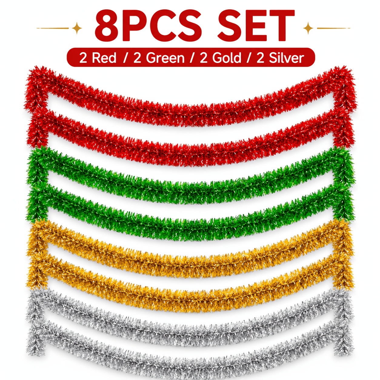 TEMU Lot de 8 à pompons de Noël, comprenant 2 rouges, 2 verts, 2 dorés et 2 argentés. Chaque ruban mesure 2 mètres de long et 7 centimètres de large,