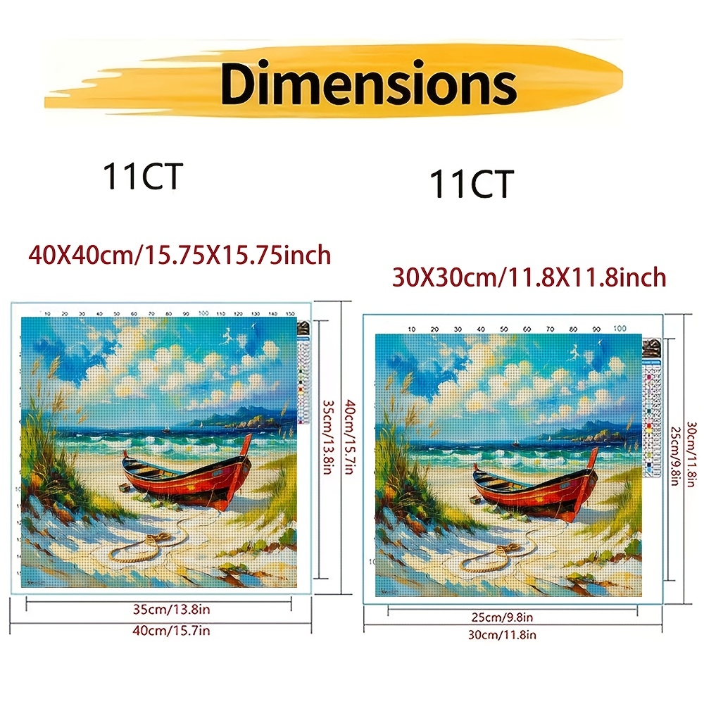 Frameless Cross-Stitch Printed Kit, "Red Boat on Sandy Beach" Home Decor Art