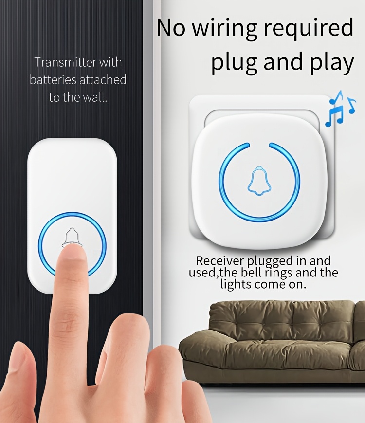 wireless doorbell with 3 plug-in receivers + 2 buttons, 60 ringtones and led flash light, receiver discriminates different   for unique tones, 304.8meter range battery-powered chime kit with 5 volume levels, suitable for home, office, apartment use, eu plug Product details 4