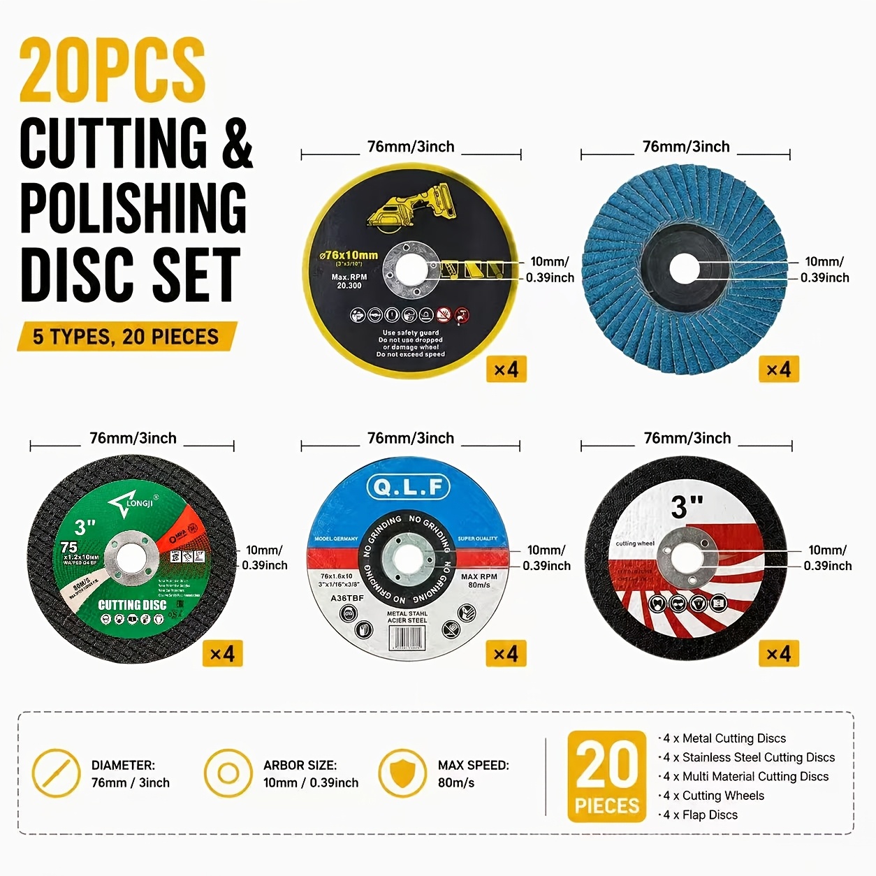 TEMU 3-inch/75mm Metal Cutting Polishing Kit 20pcs, Including 16pcs Stainless Steel Resin Cutting Discs And 4pcs Premium Thickened Durable Grinding
