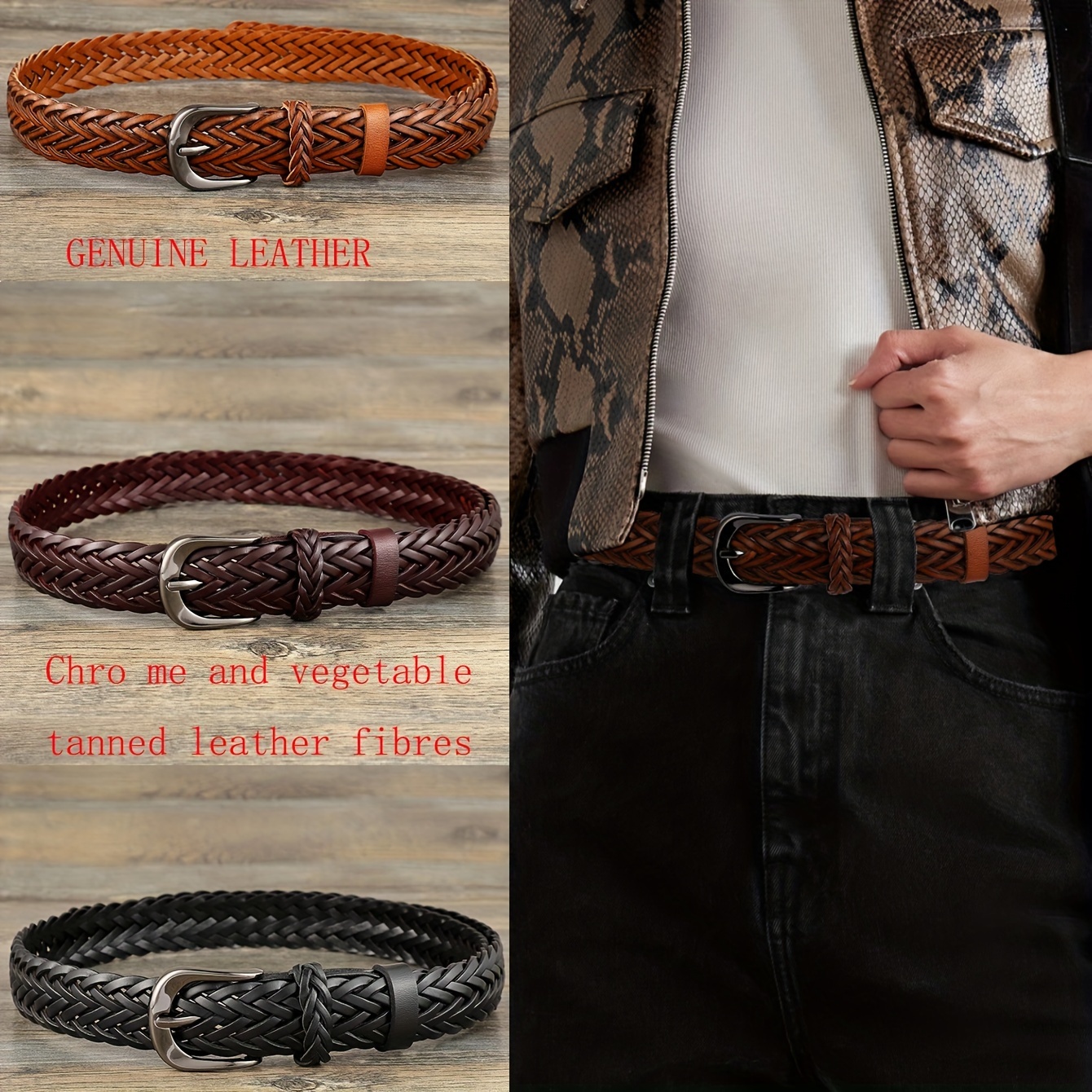 

Genuine Leather Braided Belt - Vintage Bohemian Style With Polished Square Buckle For Jeans, Unisex Handcrafted Weave, Hollow Design For Casual Weekend, Party, Daily Commute