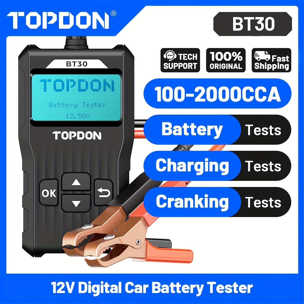TEMU Topdon Bt30 Car Battery Tester 12v Car Battery Tester On Cranking , -2000 Cca Automotive Alternator For Cars/suvs/light Trucks With Flooded Agm Gel Types