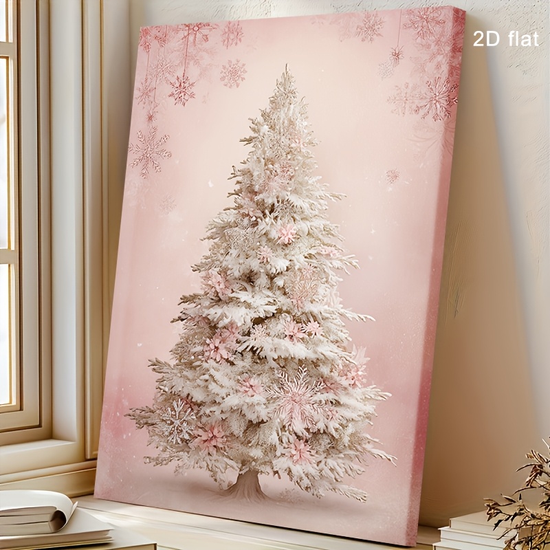 TEMU 2d Flat, Wood-framed Snowflake Christmas Tree Wall Art - Coastal Suitable For Winter, Valentine's Day Gifts, Framed Canvas Decor With Pink