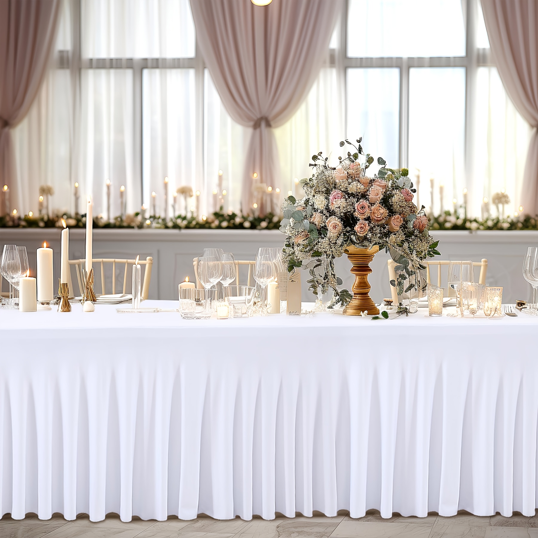 Image of 1pc White Table Clothes For 4 Foot/6 Foot/8 Foot Rectangle Tables, One-piece Stretch Spandex Table Covers With Skirt For Event Banquet Wedding Birthday Party