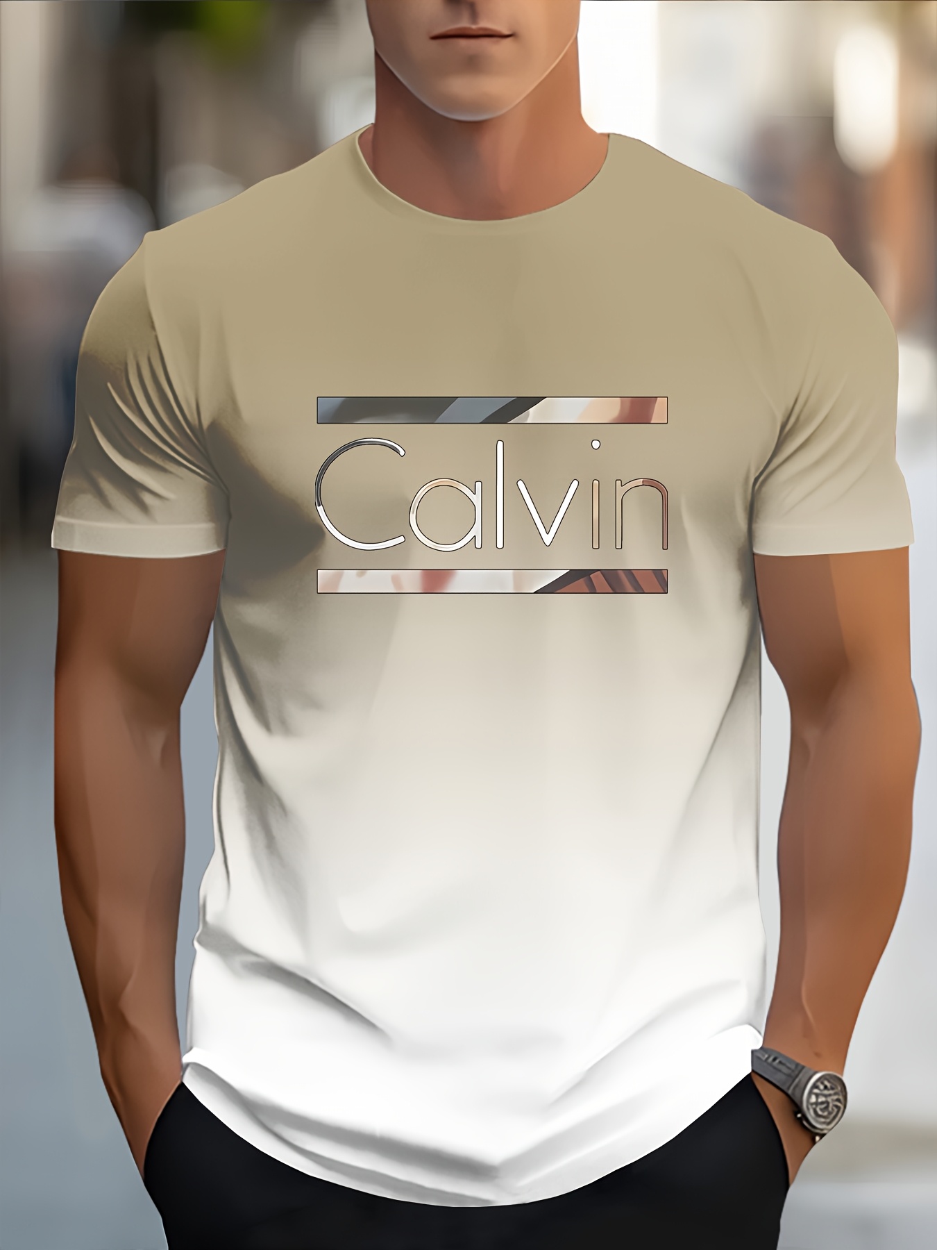 Men'S Casual Short Sleeve T-Shirt with Bold CALVIN Monogram Print - Blue & White Gradient Design, Regular Fit Round Neck, Machine Washable for Casual Attire, Summer Apparel, Modern Fashion, Comfortable Fabric, Graphic Tee, Streetwear Style