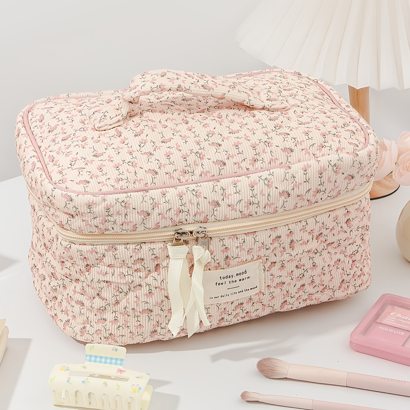 TEMU Una singola borsa in velluto a rosa , progettata per usi, con chiusura a zip per riporre cosmetici, pennelli, prodotti per della pelle, telefoni