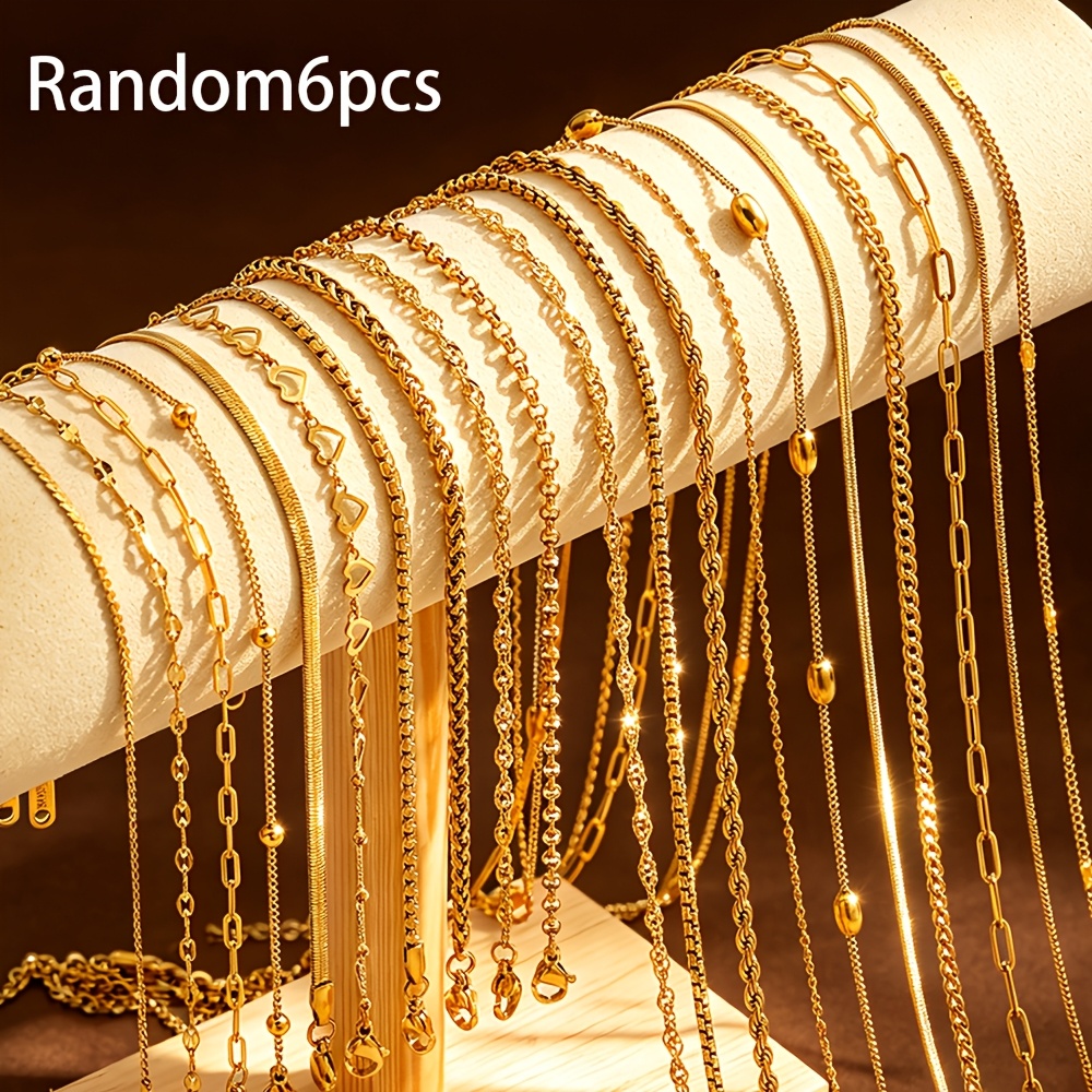 TEMU Random 6pcs 304l Stainless Steel Necklace And Bracelet Set, 18k Golden Plated, Fashion Jewelry, Women's Personal Adornment, Suitable As Jewelry