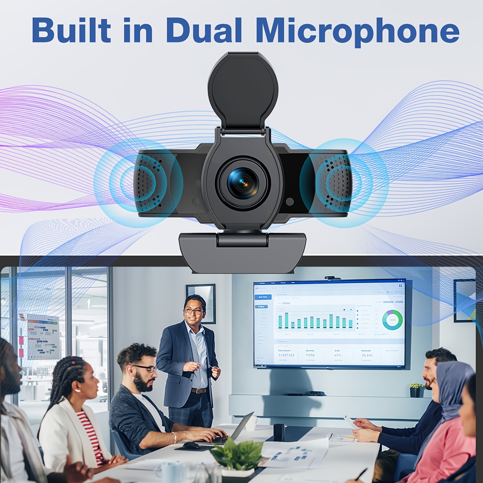 caméra web 1080p full hd avec microphones   intégrés et réglage automatique de  ,    , connectivité usb plug-and-play avec un couvercle de confidentialité adaptée aux ordinateurs portables, ordinateurs de bureau, pc,  , zoom, skype, facetime, teams