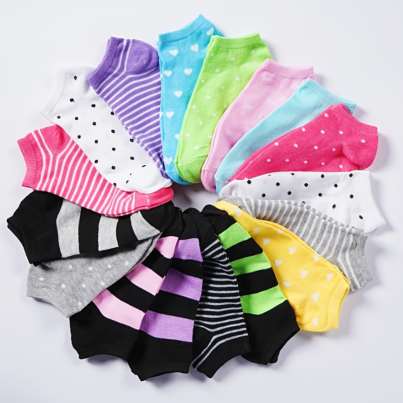 Image of 5-pair . Women's Ankle Socks - Candy-colored Heart And Bow Patterns, Stripes, Polka Dots - Soft Casual Socks, Valentine's Day Gift, Cute Socks, Comfortable Footwear, Design, Women's Casual Socks