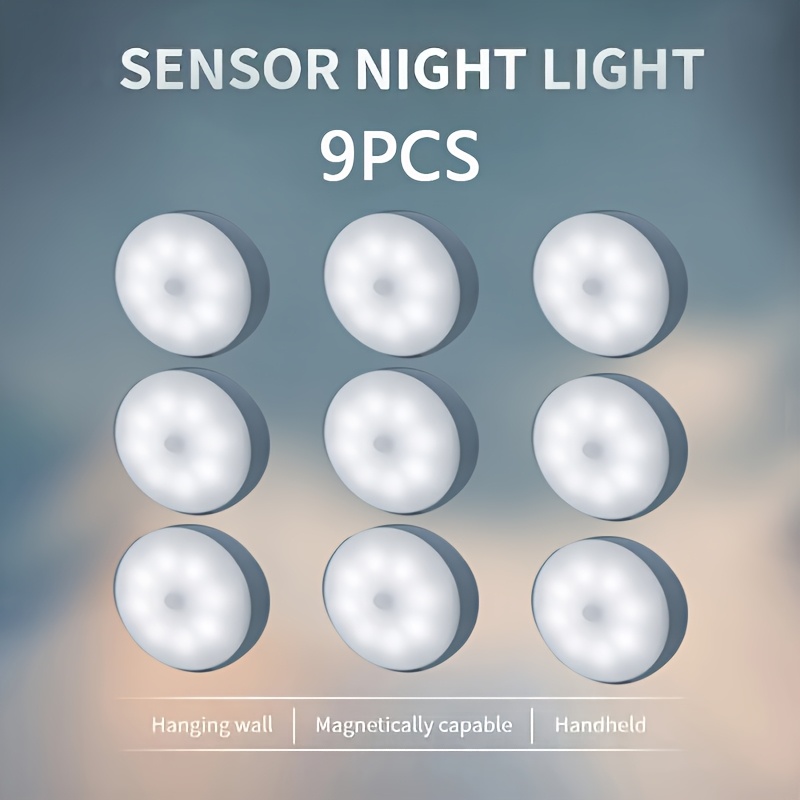 photo de l'article 9 pièces lampe led détecteur de mouvement - design rond, lumière darmoire,   fil magnétique rechargeable usb, arrêt automatique, pour armoires,  , chevet, couloir, toilettes, coffre de voiture. réglable