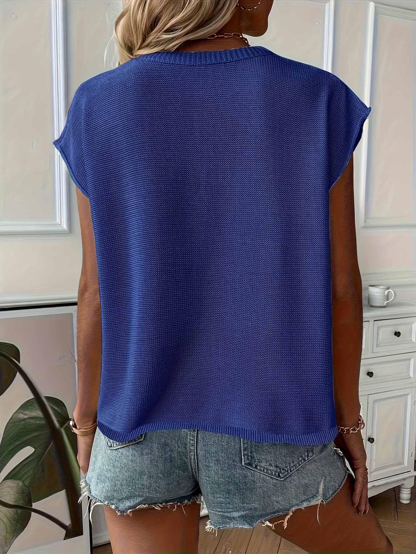 Women's Sexy Semi-Sheer Summer Sweater Vest - Round Neck Sleeveless Light Blue Top, Hand Wash Only, Versatile Layering Piece for Casual to Dressy Outfits, Layering Fashion, Feminine Style, Fine
