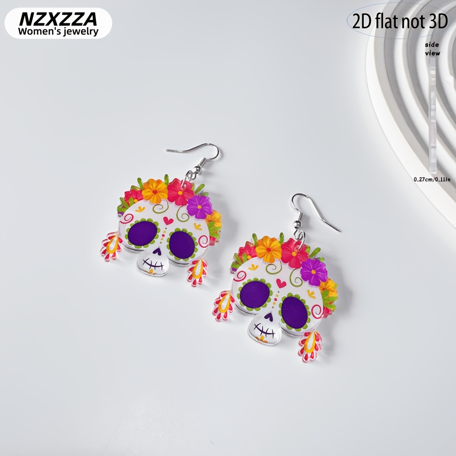 TEMU 2d Flat, A Pair Of White Sugar Skull Acrylic Pendant Earrings, Colorful Floral Skull Earrings, Mexican Halloween Gothic Style Women's Party
