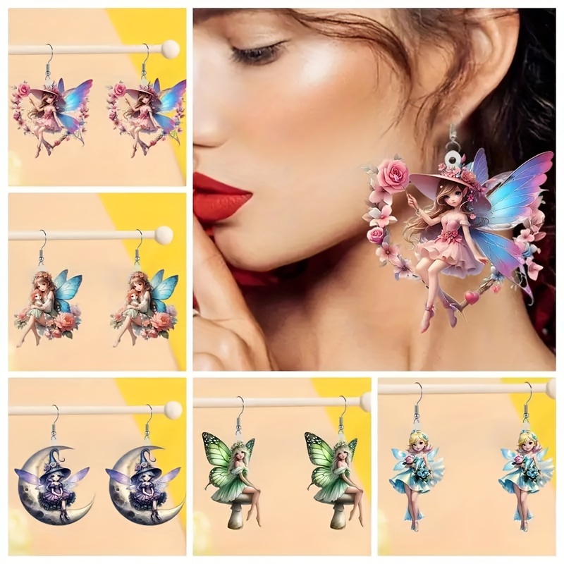 

Glam Style Fairy Earrings Set, 5 Pairs - Acrylic Drop & Dangle Pendants With Hypoallergenic Hooks, Fantasy Themed Hanging Ornaments For All Seasons, Ideal For Party Favors & Gifts